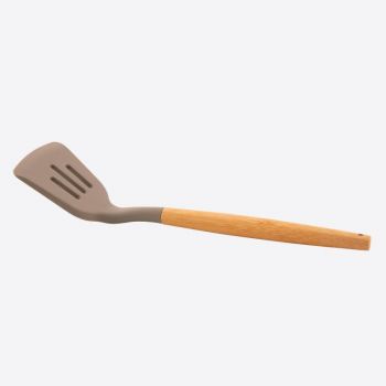Point-Virgule spatule à trous en silicone avec poignée en bambou taupe 32cm