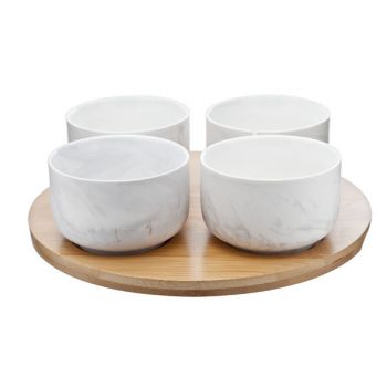 Cosy & Trendy Marble Grey Set5 4x Bowl-1x Planche Bamb