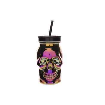 Cosy & Trendy Mug Skull Avec Paille  Violet 9x9xh15cm